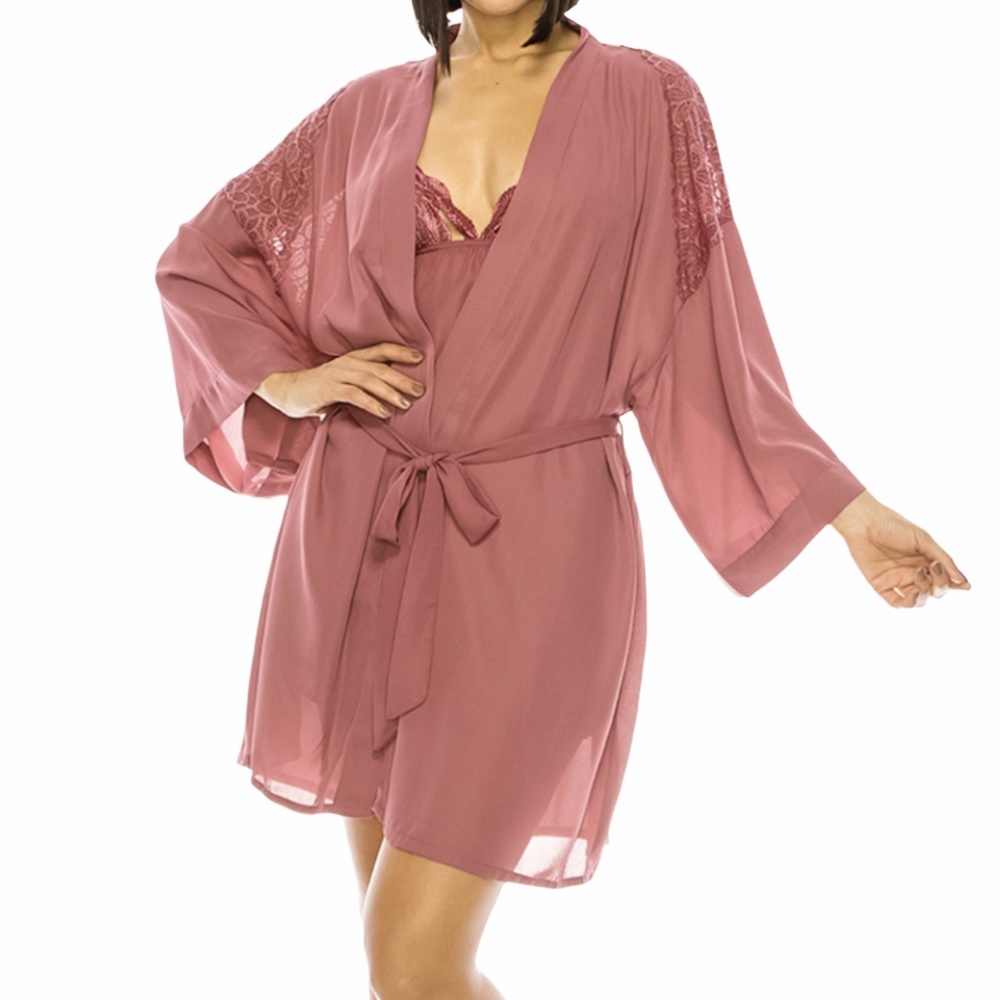 Lace & Microfiber Chemise & Belted Robe